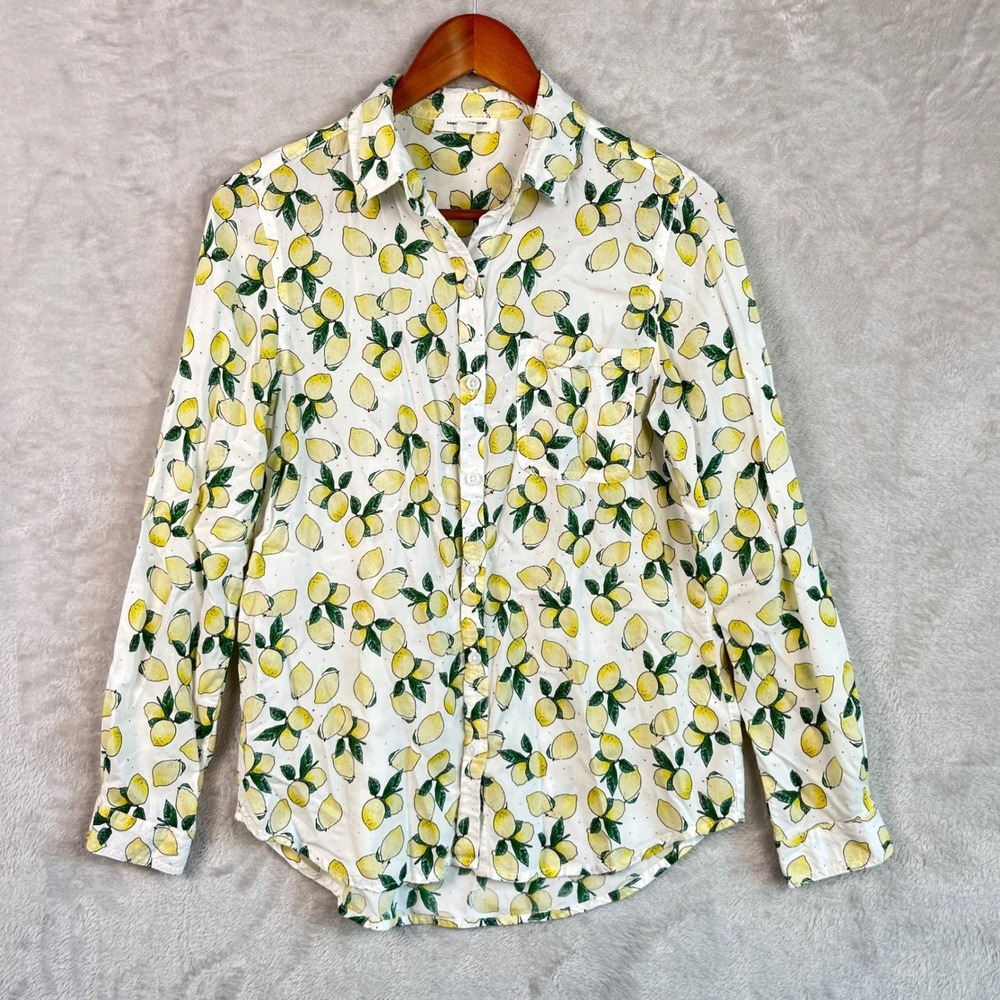 Beach Lunch Lounge Lemon Top Small Shirt Button Down AOP White Yellow Viscose